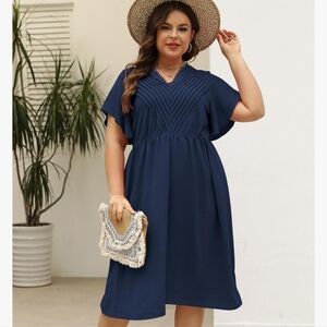 Navy V-Neck Flutter Sleeve Dress